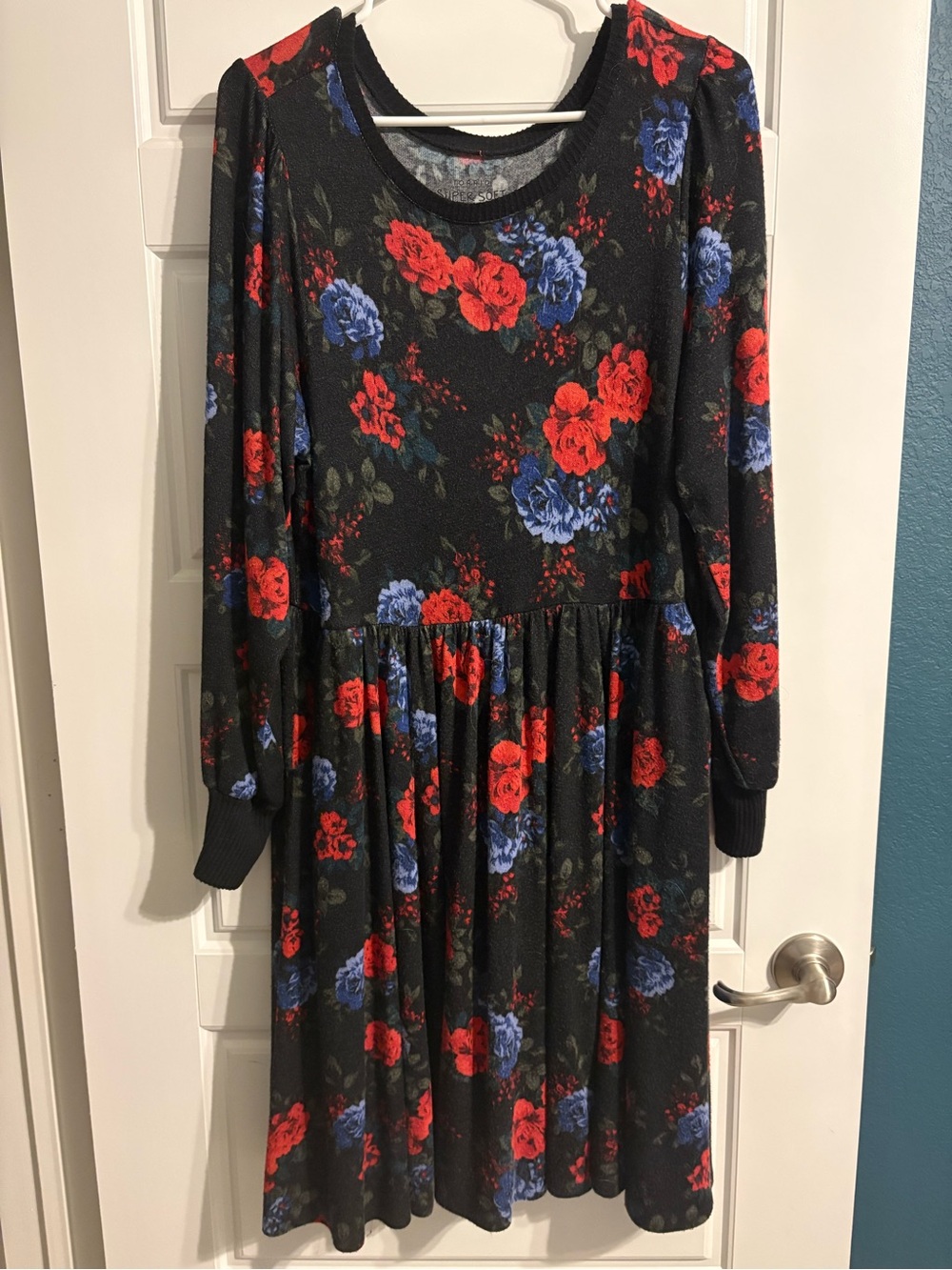 torrid Black Long-Sleeve Dress with Red and Blue Floral Print